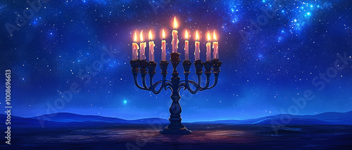 Photo of a Hanukkah menorah with candles on a background of a night sky with stars, illustration