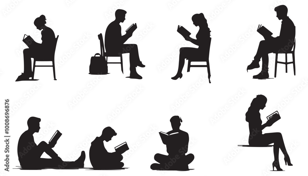 Silhouettes of people reading books standing, sitting and lying vector illustration vector illustration black and white art Silhouettes of people reading books standing, sitting and lying vector illustration vector illustration black and white art