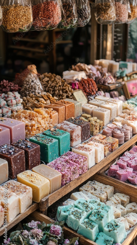 Colorful and fragrant soap display at a local market, showcasing various artisan soaps in a vibrant setting. Colorful and fragrant soap display at a local market, showcasing various artisan soaps in a vibrant setting.