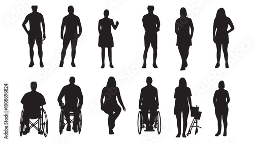 Silhouettes of different people with disability vector illustration set on transparent background.