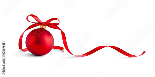 Red bauble, christmas ball with a ribbon decoration, isolated on transparent background.
