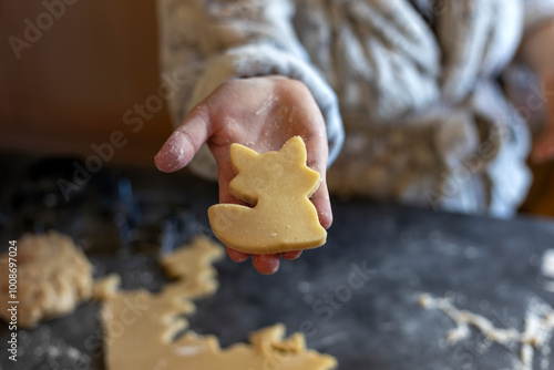 Teenage girl wearing a cozy robe holding a fox-shaped cookie dough ready for baking photo