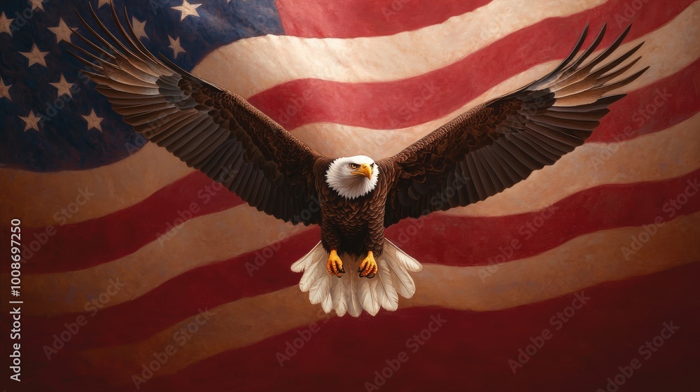 Naklejka premium Bald Eagle Spreading Wings with American Flag Background
