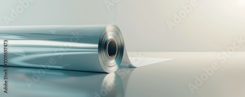 The roll of white polyester film gleams on a clean, neutral background, showcasing its reflective properties and smooth texture.