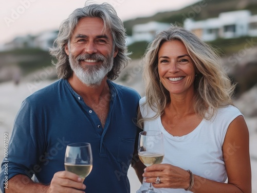 A middle-aged couple toasting with wine glasses at sunset by the beach