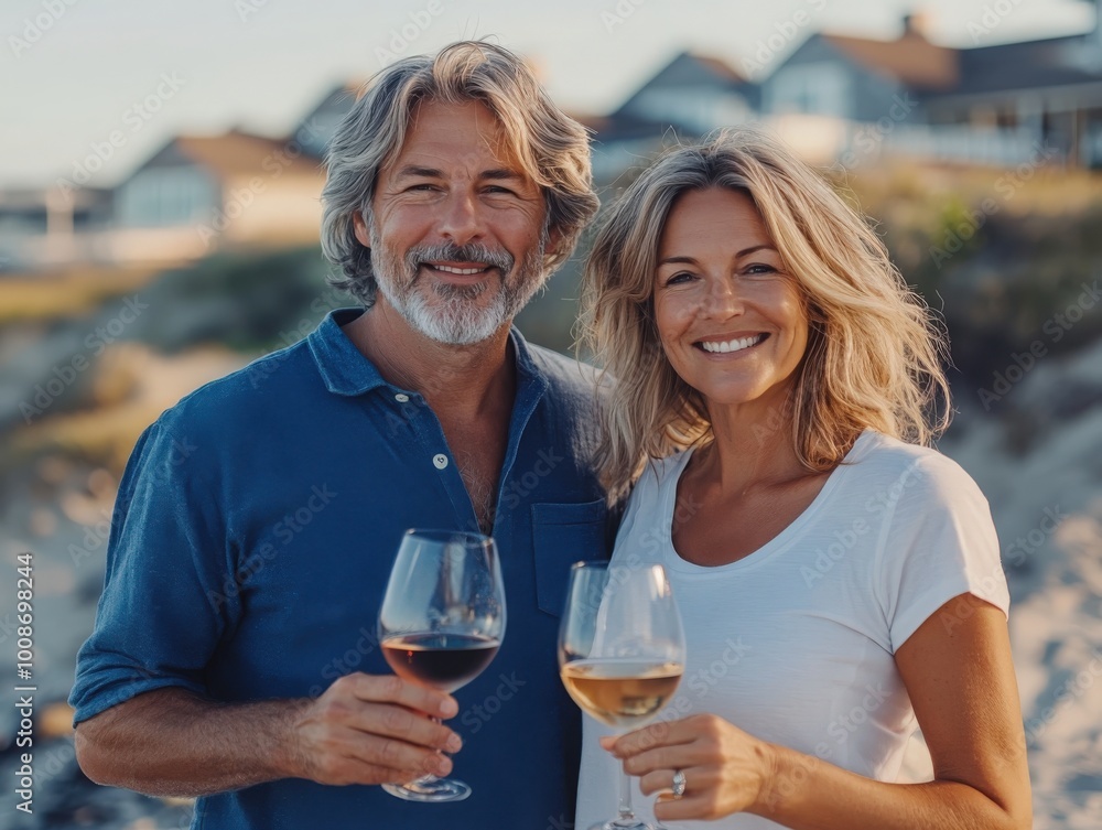 A couple shares wine by the beach at sunset, celebrating their love A couple shares wine by the beach at sunset, celebrating their love