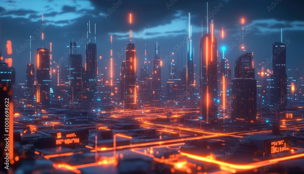 Fototapeta premium Futuristic Cityscape Illuminated by Glowing Lights at Night