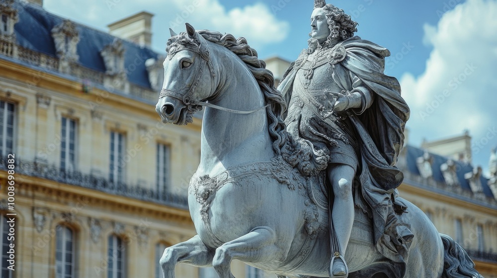 The majestic equestrian statue of King Louis XIV in front of the Palace of Versailles. The majestic equestrian statue of King Louis XIV in front of the Palace of Versailles.