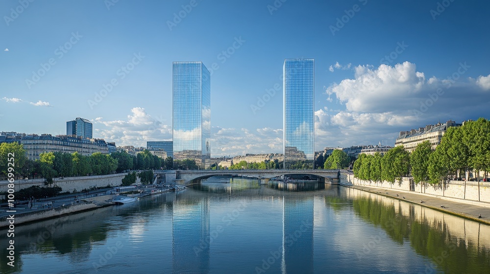 Naklejka premium The modern glass towers of the Bibliothque Nationale de France, reflecting the city skyline.