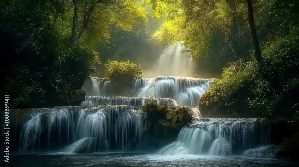 Obraz premium The natural beauty of the Huay Mae Khamin Waterfall, cascading through the forest in tiers.