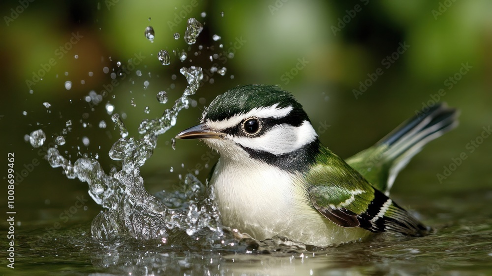 Obraz premium A small bird splashes in water, showcasing its vibrant plumage and playful behavior.