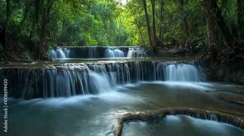 The natural beauty of the Huay Mae Khamin Waterfall, cascading through the forest in tiers.