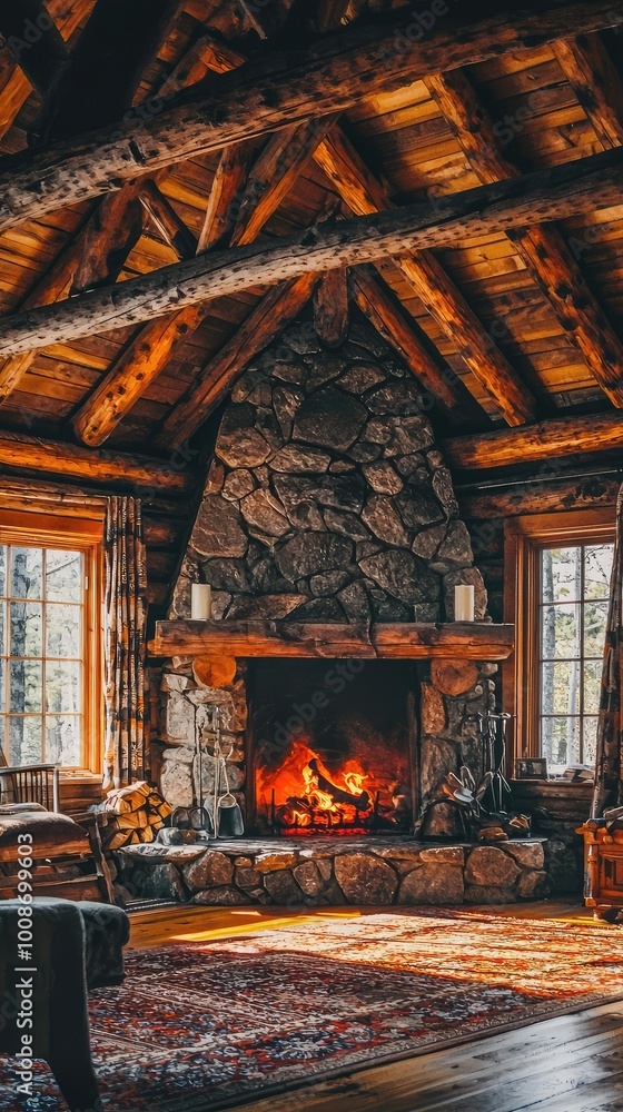 Cozy cabin interior with a fireplace and wooden decor, inviting warmth and rustic charm for a perfect retreat. Cozy cabin interior with a fireplace and wooden decor, inviting warmth and rustic charm for a perfect retreat.