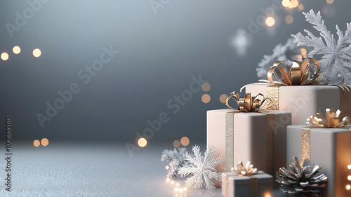 Minimalistic photo of 3D professional advertising poster with Christmas gifts in elegant packaging, snowflakes and shining lights on a clean background  photo