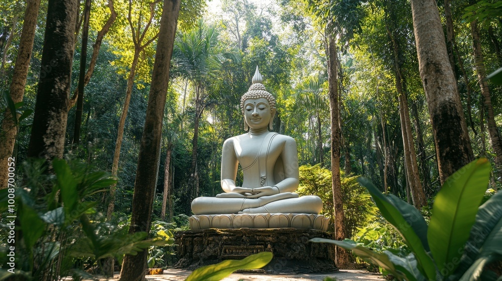 The peaceful Buddha image at Wat Pa Udom Somphon, surrounded by tall trees and lush greenery. The peaceful Buddha image at Wat Pa Udom Somphon, surrounded by tall trees and lush greenery.