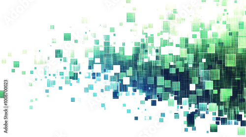 colorful square pixel pattern on white background, tech design concept, A vibrant abstract image featuring a gradual transition from green to white pixels. 