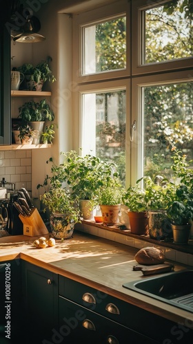 Cozy kitchen filled with greenery and sunlight, showcasing a warm and inviting cooking space with plants and natural light.