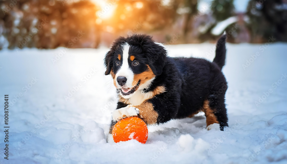 Baby Bernese Mountain Dog Playing Ball in Winter Park Baby Bernese Mountain Dog Playing Ball in Winter Park