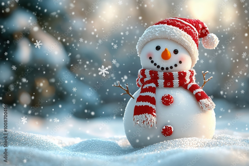 Obraz premium Snowman with a red scarf in a snowy scene.