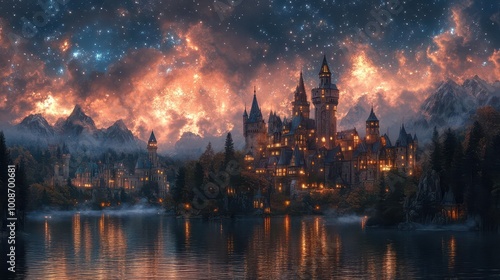 charming medieval fantasy cityscape with cobblestone streets towering castles and whimsical architecture set under a twilight sky filled with stars invoking a sense of adventure