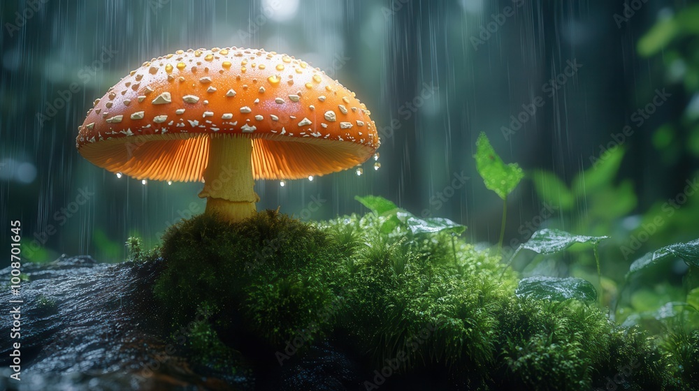 Fototapeta premium charming mushroom with delicate raindrops resting on it perched on a mossy log surrounded by lush greenery creating a peaceful serene atmosphere inviting viewers into a hidden world of nature