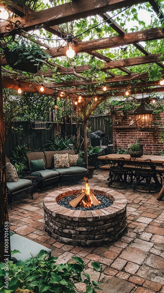 Cozy outdoor seating area with a stone fire pit, surrounded by lush greenery and string lights, perfect for gatherings. Cozy outdoor seating area with a stone fire pit, surrounded by lush greenery and string lights, perfect for gatherings.