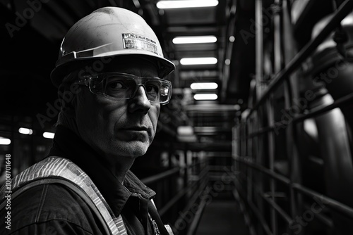 Ingeniero industrial de mediana edad con casco blanco y chaleco reflectante, sosteniendo planos y . Al fondo se observan enormes  y tanques , con un entorno lleno de estructuras de acero y escaleras i photo