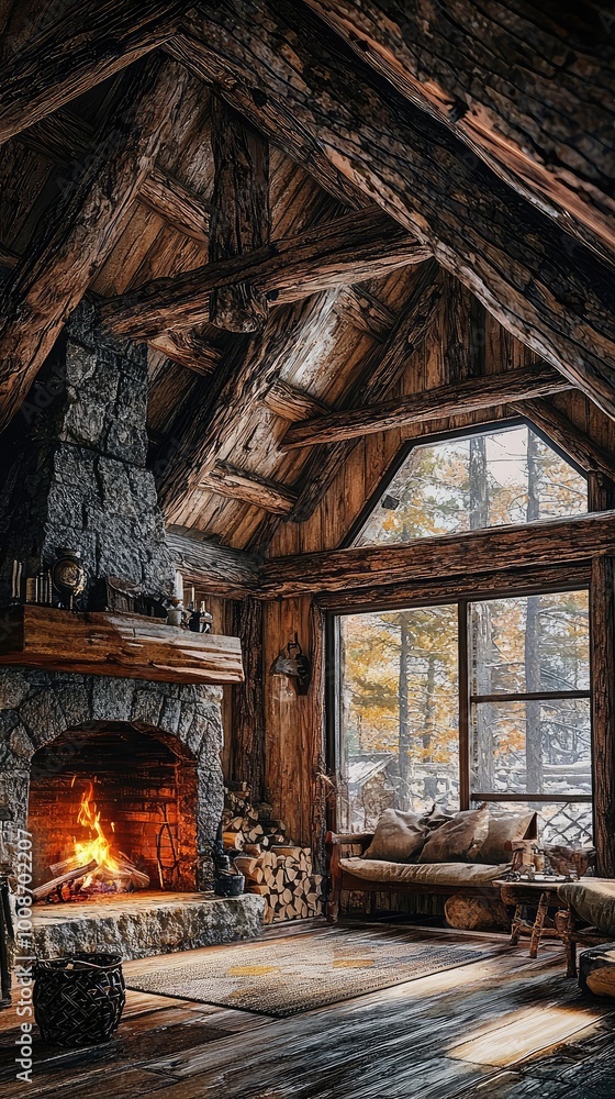Cozy rustic cabin interior with a stone fireplace, warm lighting, and wooden beams, perfect for a relaxing retreat. Cozy rustic cabin interior with a stone fireplace, warm lighting, and wooden beams, perfect for a relaxing retreat.