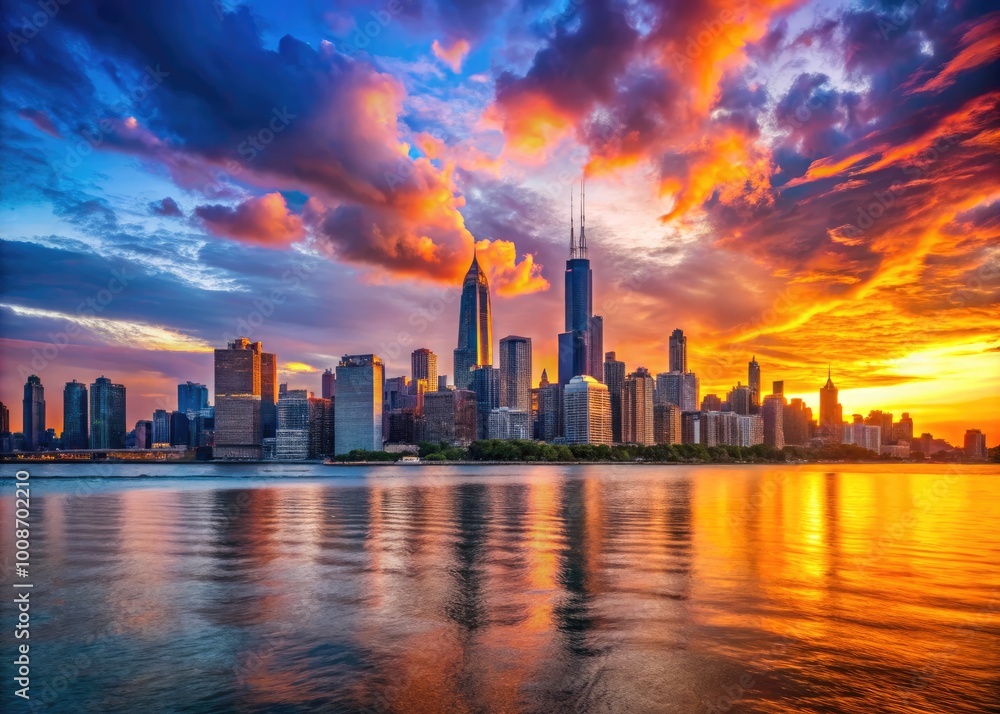 Stunning Chicago Sunset Over the Skyline with Vibrant Colors Reflecting on Lake Michigan Waters Stunning Chicago Sunset Over the Skyline with Vibrant Colors Reflecting on Lake Michigan Waters