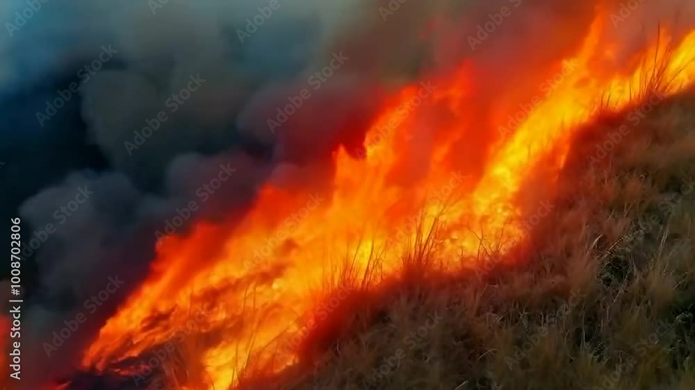 Grass fire spreads rapidly across hilly dry land, billlowing smoke, close up view Grass fire spreads rapidly across hilly dry land, billlowing smoke, close up view