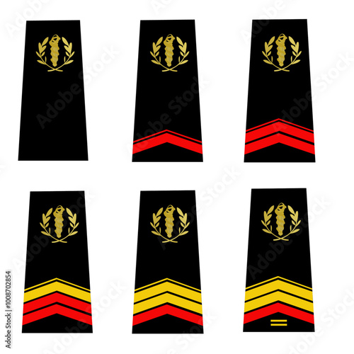 Ensemble des galons du service de santé des armées de terre française: Soldat, Caporal, Caporal-chef, Sergent, Sergent-chef