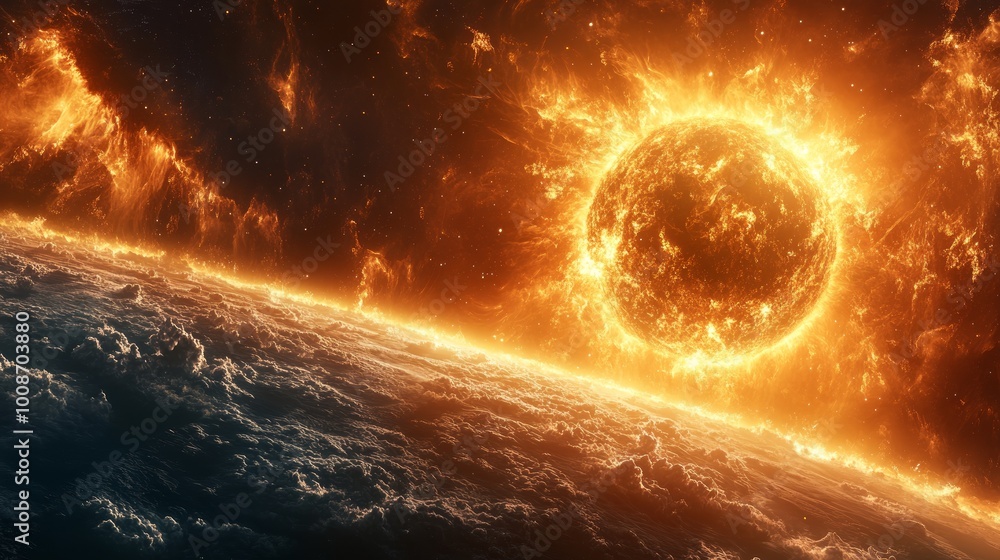 A fiery red sun burns brightly in the vastness of space, radiating heat and light as it casts its glow upon a distant planet. A fiery red sun burns brightly in the vastness of space, radiating heat and light as it casts its glow upon a distant planet.