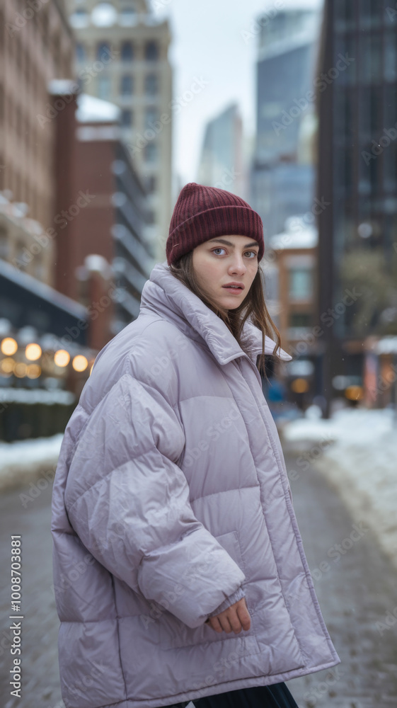 Woman wearing a oversized lavender down jacket and maroon beanie, walking on a snowy street in an urban environment. Concept of winter fashion and street style. Woman wearing a oversized lavender down jacket and maroon beanie, walking on a snowy street in an urban environment. Concept of winter fashion and street style.