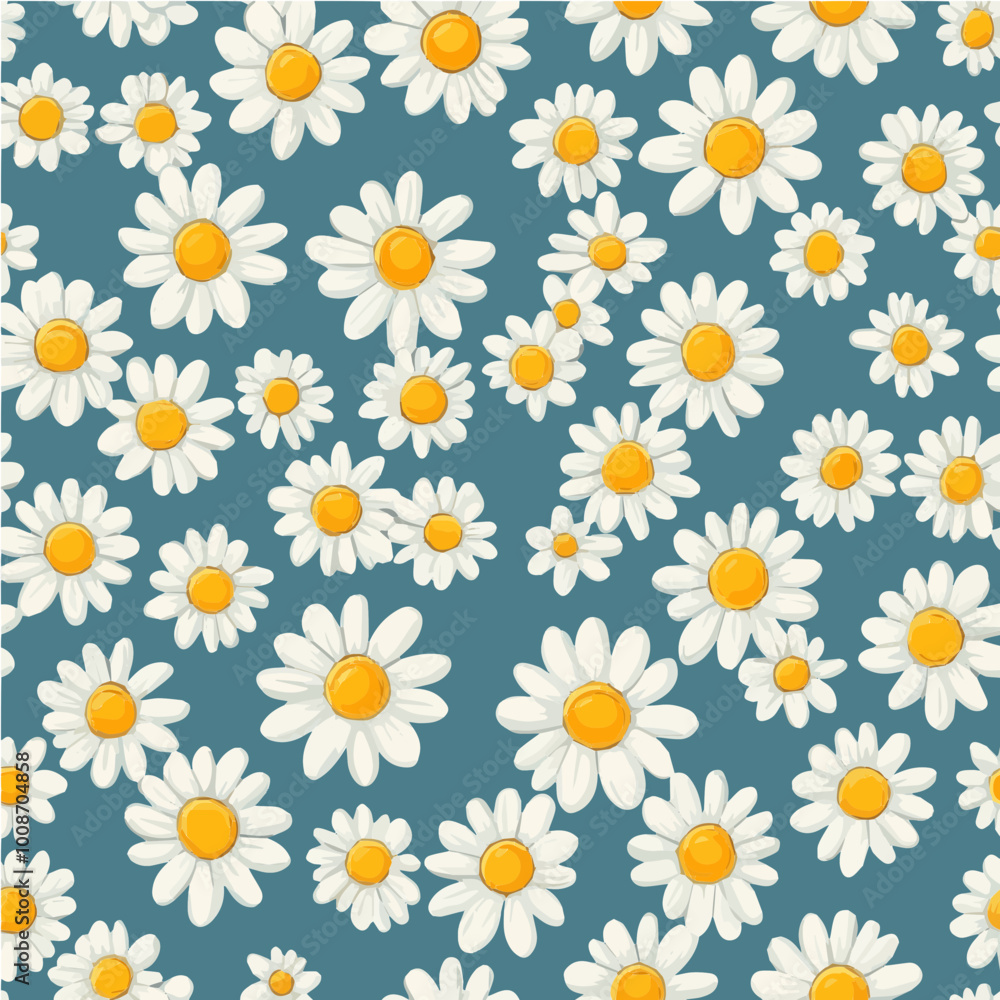 Charming seamless vector daisy pattern on a soft blue background, perfect for spring, textiles, and feminine designs. Charming seamless vector daisy pattern on a soft blue background, perfect for spring, textiles, and feminine designs.