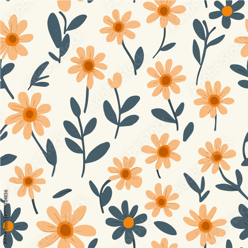Wallpaper Mural Vector floral pattern of orange daisies and dark leaves on a cream background. Perfect for nature-inspired designs and fabrics. Torontodigital.ca