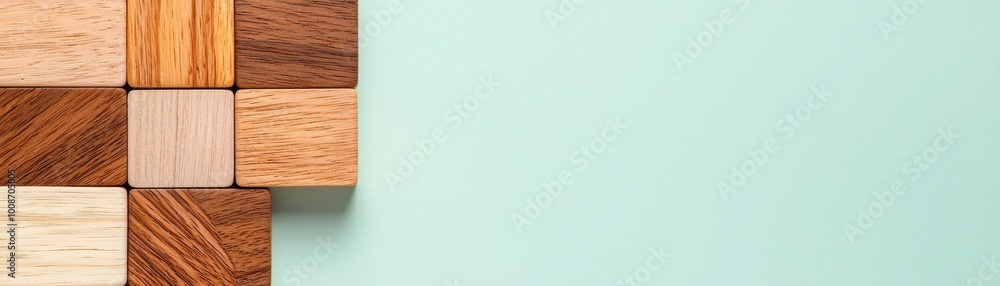 Naklejka premium A close-up view of wooden blocks arranged on a pastel background, perfect for educational or creative concepts.