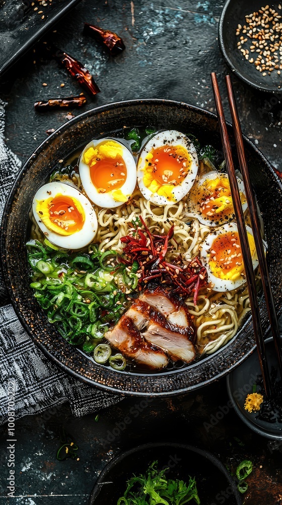 Delicious ramen bowl featuring noodles, soft-boiled eggs, sliced pork, and fresh green onions, perfect for food lovers. Delicious ramen bowl featuring noodles, soft-boiled eggs, sliced pork, and fresh green onions, perfect for food lovers.