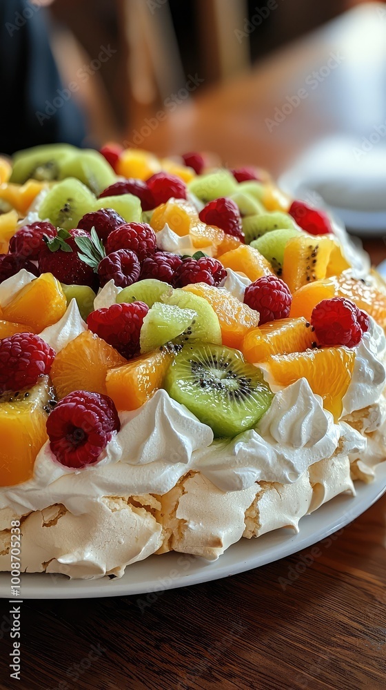 Delicious pavlova topped with fresh fruit like kiwi, raspberry, and orange, perfect for any dessert lover's delight. Delicious pavlova topped with fresh fruit like kiwi, raspberry, and orange, perfect for any dessert lover's delight.