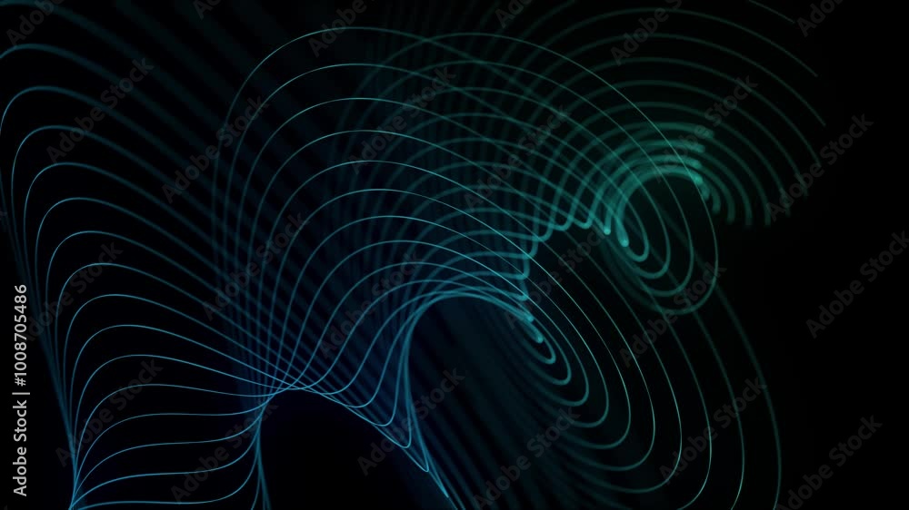Abstract twisted wave with blue light on black background. Science background with moving lines and dots. Network connection technology. Digital structure with particles. 3d rendering. Abstract twisted wave with blue light on black background. Science background with moving lines and dots. Network connection technology. Digital structure with particles. 3d rendering.