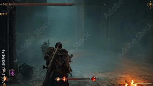 warrior with a sword in a misty dungeon castle video game gameplay Generative AI