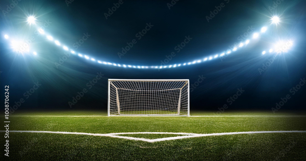 Fototapeta premium A large football stadium with goals in the middle, illuminated by floodlights.