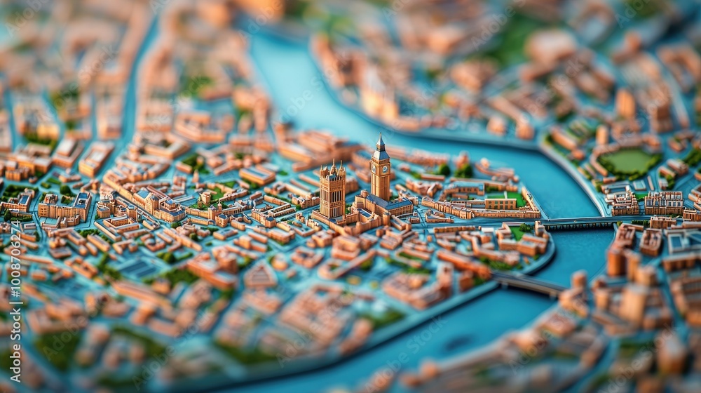 Obraz premium Aerial view of a miniature city landscape with vibrant colors and intricate details, showcasing streets and waterways.