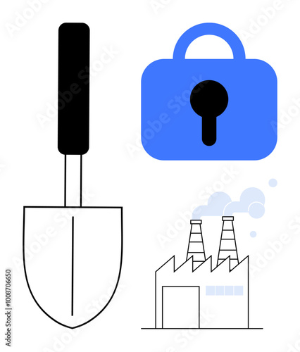 A blue lock, a black-handled shovel, and a factory with two chimneys emitting smoke. Ideal for security, construction, manufacturing, protection, and industrial themes. Simple, clean, modern style