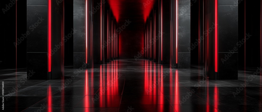 Obraz premium A long hallway with red lights on the walls