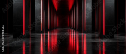Fototapeta Naklejka Na Ścianę i Meble -  A long hallway with red lights on the walls