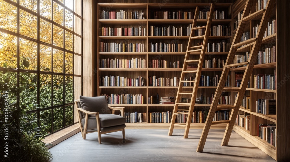 A modern rustic home library with wooden bookshelves A modern rustic home library with wooden bookshelves