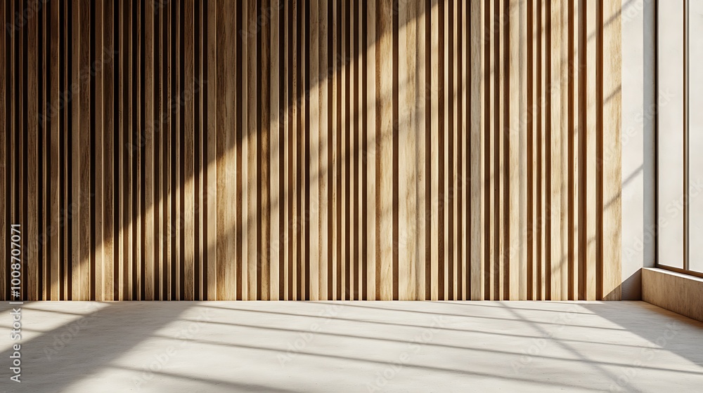 Wall with wood background. Panels with wood texture. Vertical slats in the interior design of an empty studio room. 3D architecture with window shadow overlay. Wall with wood background. Panels with wood texture. Vertical slats in the interior design of an empty studio room. 3D architecture with window shadow overlay.
