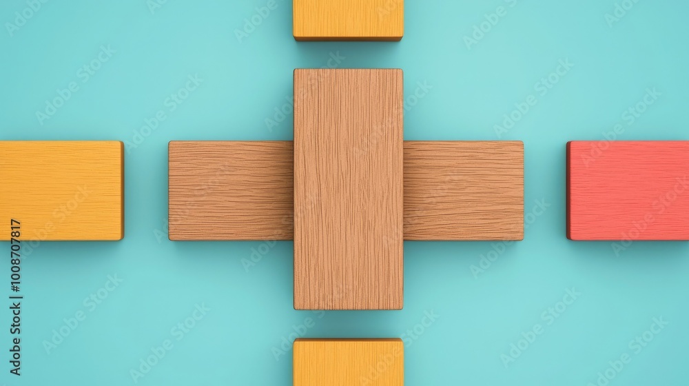 Colorful wooden blocks arranged symmetrically on a blue background, creating a visually appealing abstract pattern. Colorful wooden blocks arranged symmetrically on a blue background, creating a visually appealing abstract pattern.