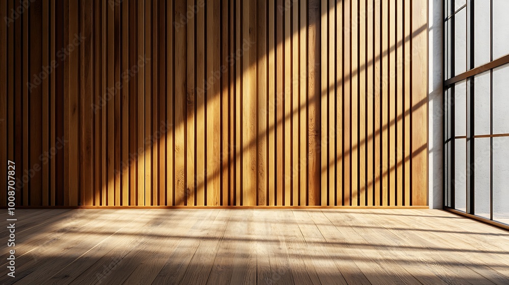 Wall with wood background. Panels with wood texture. Vertical slats in the interior design of an empty studio room. 3D architecture with window shadow overlay. Wall with wood background. Panels with wood texture. Vertical slats in the interior design of an empty studio room. 3D architecture with window shadow overlay.