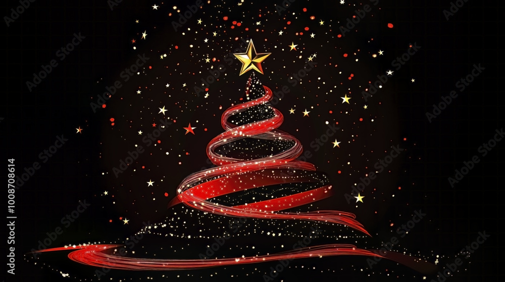 Abstract Christmas Tree with Red Ribbon and Star Topper. Abstract Christmas Tree with Red Ribbon and Star Topper.
